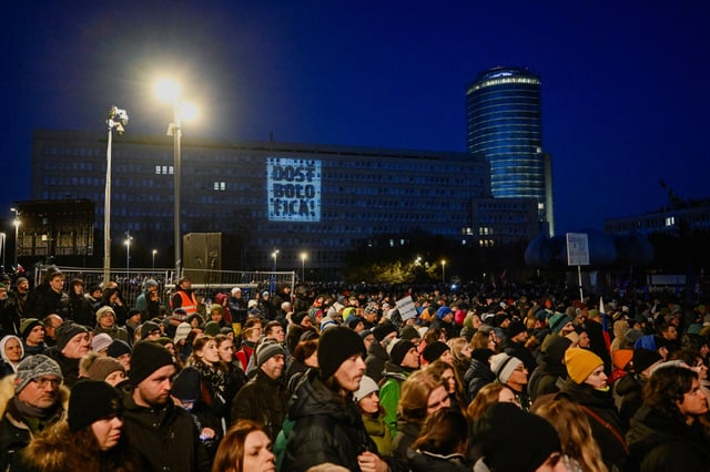 A projection on a building reads "Enough of Fico!" (referring to Prime Minister of Slovakia Robert Fico) during an anti-government protest in Bratislava, Slovakia, February 21, 2025. REUTERS/Radovan Stoklasa