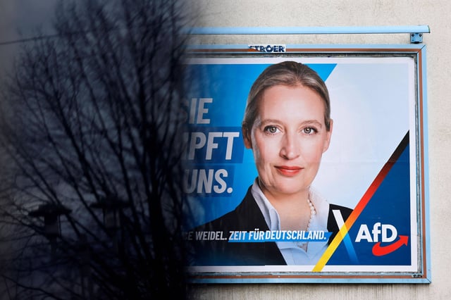 Ein Wahlplakat der AfD. Es zeigt Kanzlerkandidatin Alice Weidel.