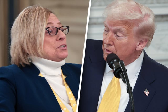 Gov. Janet Mills (D-ME) tells U.S. President Donald Trump "See you in court" over the issue of trans women in sports at the White House on Feb. 21, 2025.