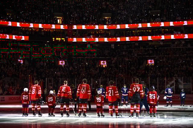Team Canada stand at their blueline during pre-game ceremonies before the 4 Nations Face-Off Championship game against Team United States at TD Garden on Feb. 20, 2025 in Boston.
