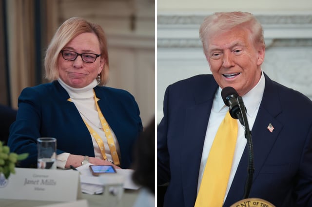 Democratic Maine Governor Janet Mills and U.S. President Donald Trump seen at the White House on February 21, 2025.