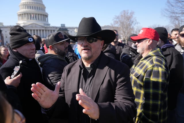 Oath Keepers founder Stewart Rhodes speaks to the media outside the U.S. Capitol in Washington, D.C., on Feb. 21, 2025.