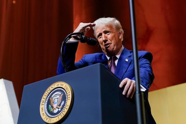 President Donald speaks at the Republican Governors Association meeting at the National Building Museum in Washington, Thursday, Feb. 20, 2025. (Pool via AP)