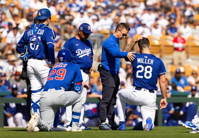 Dodgers pitcher Bobby Miller (28) is tended to after he was hit in the head by a line drive.