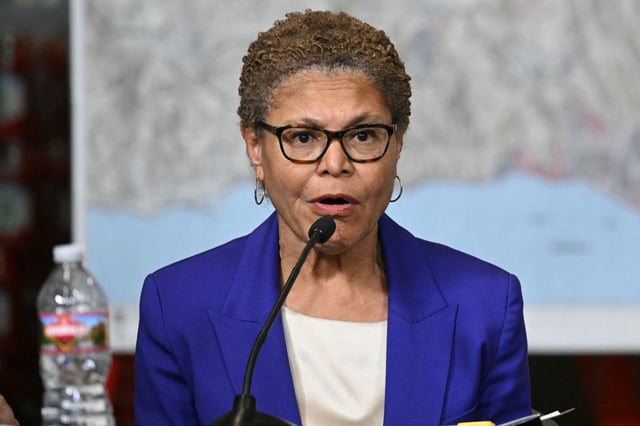 Los Angeles Mayor Karen Bass speaks during a fire emergency briefing at Station 69 in Pacific Palisades, a neighborhood of Los Angeles, California, on January 24, 2025.