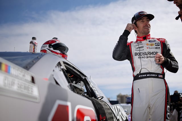 Ryan Blaney, driver of the #12 BodyArmor Zero Sugar Ford, prepares to qualify for the NASCAR Cup Series Ambetter Health 400 at Atlanta Motor Speedway on February 22, 2025 in Hampton, Georgia.
