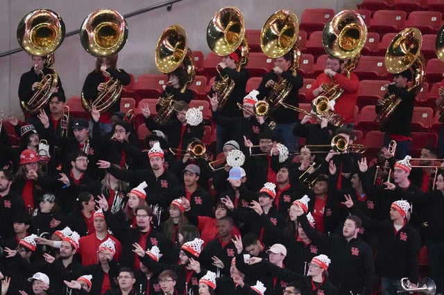 The University of Houston band performs during a commercial break in ESPN College GameDay at Fertitta Center before the Houston’s Big XII basketball game against Iowa State on Saturday, Feb. 22, 2025, in Houston.