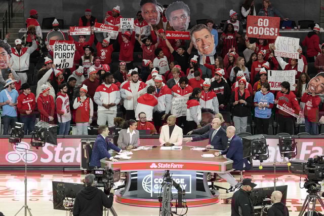 University of Houston students and fans watch ESPN College GameDay at Fertitta Center before the Houston’s Big XII basketball game against Iowa State on Saturday, Feb. 22, 2025, in Houston.