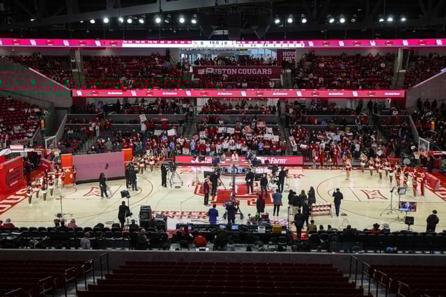 University of Houston students and fans watch ESPN College GameDay at Fertitta Center before the Houston’s Big XII basketball game against Iowa State on Saturday, Feb. 22, 2025, in Houston.