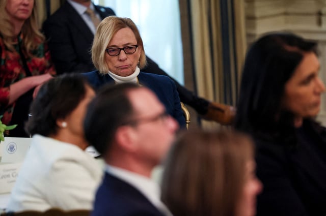 Maine Governor Janet Mills sits as U.S. President Donald Trump hosts a business session with U.S. governors who are in town for the National Governors Association's (NGA) annual winter meeting, at the White House in Washington, D.C., U.S., February 21, 2025.