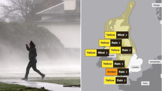 The amber weather warning is in place until Monday morning (Photo: Met Office (right); Photo: Jeff J Mitchell/Getty Images (left)).