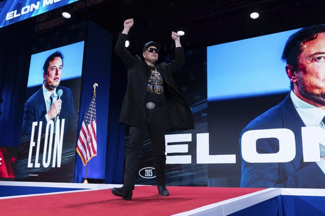 Elon Musk arrives to speak at the Conservative Political Action Conference, CPAC, at the Gaylord National Resort & Convention Center, Thursday, Feb. 20, 2025, in Oxon Hill, Md. (AP Photo/Jose Luis Magana)