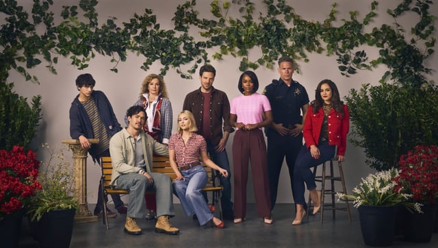 (l-r) Felix Wolfe as Ford, Alexander Hodge as Doug, Nancy Travis as Patty, AnnaSophia Robb as Alice, Ben Rappaport as Brett, Aja Naomi King, Matthew Davis as Joel, Melissa Fumero as Birdie in Grosse Point Garden Society.