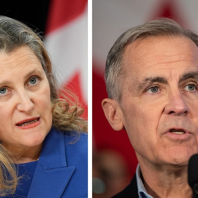 COMBO PIC: Mark Carney speaks during his Liberal leadership campaign launch in Edmonton on Thursday, January 16, 2025.THE CANADIAN PRESS/Jason Franson
Former deputy prime minister and finance minister Chrystia Freeland speaks with reporters in Ottawa on Tuesday, Dec. 10, 2024. THE CANADIAN PRESS/Adrian Wyld