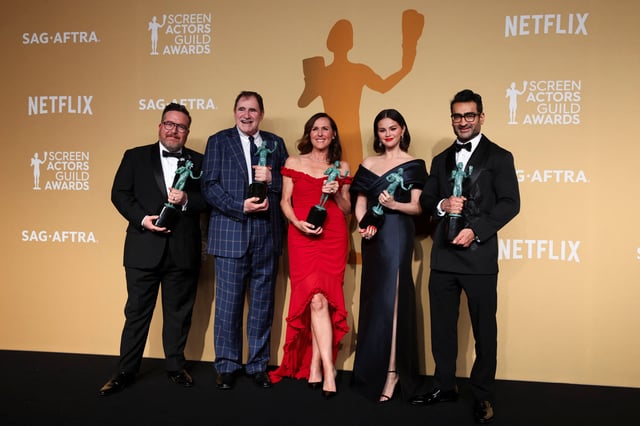 Selena Gomez, Michael Cyril Creighton and Molly Shannon pose with the Outstanding Performance by an Ensemble in a Comedy Series award for "Only Murders in the Building" at the 31st Screen Actors Guild Awards, in Los Angeles, California, U.S., February 23, 2025. REUTERS/Daniel Cole