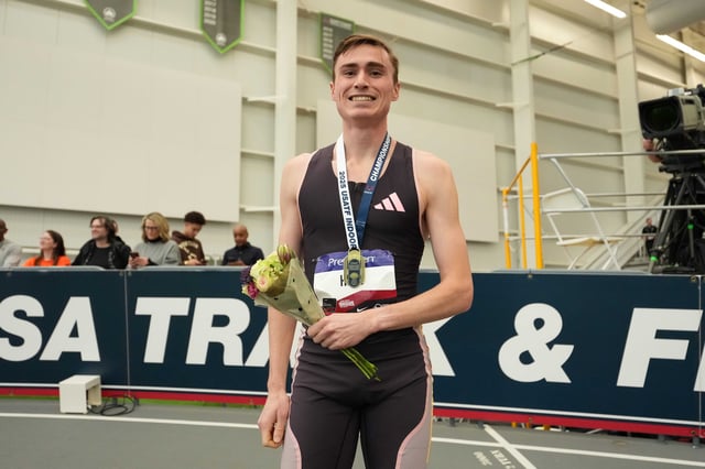 Feb 23, 2025; Staten Island, NY, USA; Josh Hoey poses after winning the 800m in an American record 1:43.24 during the USATF Indoor Championships at Ocean Breeze Athletic Complex. Mandatory Credit: Kirby Lee-Imagn Images