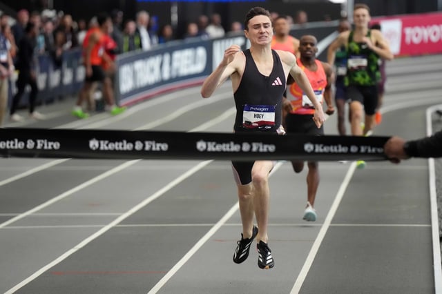 Feb 23, 2025; Staten Island, NY, USA; Josh Hoey wins the 800m in an American record 1:43.24 during the USATF Indoor Championships at Ocean Breeze Athletic Complex. Mandatory Credit: Kirby Lee-Imagn Images