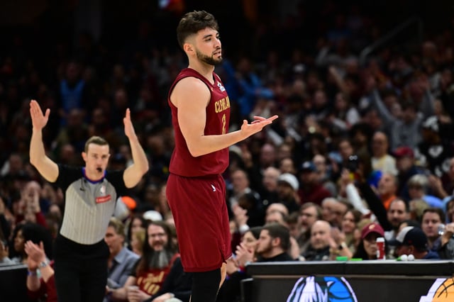 Feb 23, 2025; Cleveland, Ohio, USA; Cleveland Cavaliers guard Ty Jerome (2) celebrates after hitting a three point basket during the second half against the Memphis Grizzlies at Rocket Arena. Mandatory Credit: Ken Blaze-Imagn Images