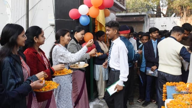 Students were welcomed at the examination center during the UP Board Class 10 and 12 exams in Lucknow, Uttar Pradesh, on Monday.