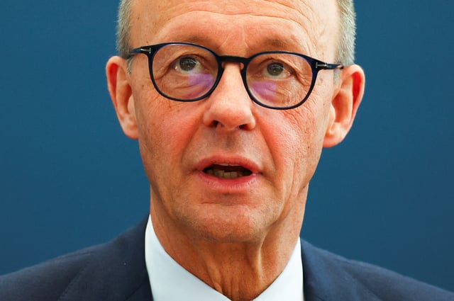 German conservative candidate for chancellor and Christian Democratic Union (CDU) party leader Friedrich Merz speaks on the day of a party leadership meeting following the general election in Berlin, Germany, February 24, 2025. REUTERS/Fabrizio Bensch