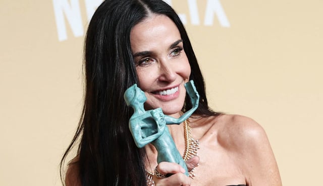 Demi Moore with the award for Outstanding Performance by a Female Actor in a Leading Role for "The Substance" during the 31st Annual Screen Actors Guild awards in Los Angeles, Feb. 23, 2025. 