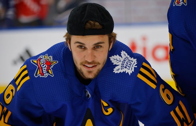 Justin Bieber skates in warmups prior to the 2024 NHL All-Star Game on February 03, 2024 in Toronto, Ontario, Canada.
