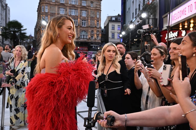 Blake Lively is interviewed by press at the It Ends With Us UK Gala Screening at Odeon Luxe Leicester Square on August 08, 2024 in London, England.