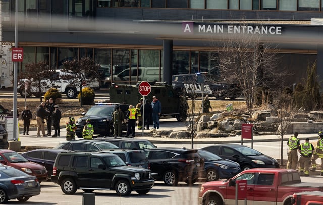 Law enforcement respond to the scene of a shooting at UPMC Memorial Hospital in York, Pa. on Saturday, Feb. 22, 2025.