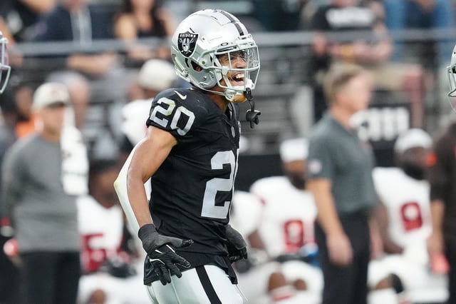 Sep 29, 2024; Paradise, Nevada, USA; Las Vegas Raiders safety Isaiah Pola-Mao (20) celebrates after getting a sack against the Cleveland Browns during the third quarter at Allegiant Stadium. Mandatory Credit: Stephen R. Sylvanie-Imagn Images/File Photo