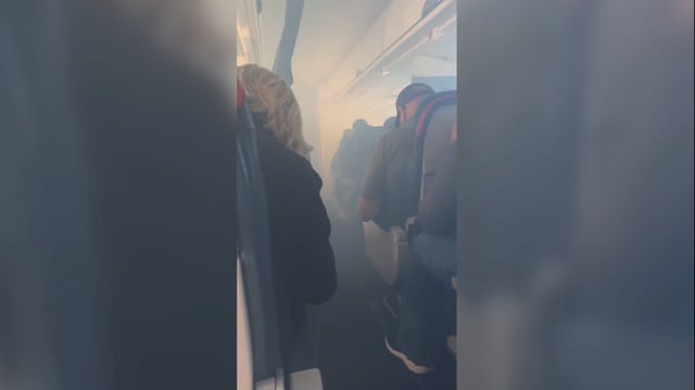 A haze is seen inside the cabin of a Delta Air Lines flight from Atlanta to Columbia, South Carolina, on Monday, February 24, 2025.
