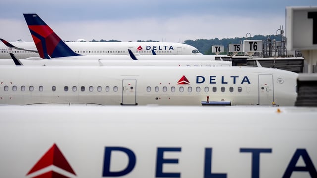 Delta Airlines planes sit parked at Hartsfield-Jackson Atlanta International Airport on June 28, 2024 in Atlanta, Georgia.