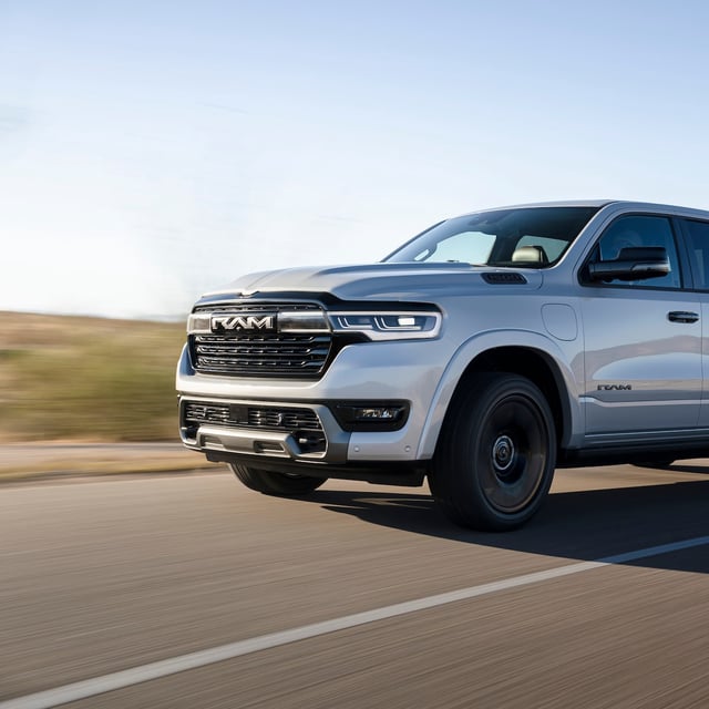 The Ram 1500 Ramcharger, which will be a hybrid, but unlike most hybrids, the gasoline drives a 130-kilowatt generator that sends power to the front and rear electric motors.