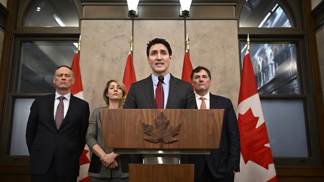 Canada's Prime Minister Justin Trudeau addresses media following the imposition of a raft of tariffs by US President Donald Trump against Canada, Mexico and China in Ottawa on Feb. 1, 2025.