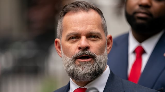 Representative Cory Mills  (R-FL) addresses the media outside of Manhattan Criminal Court on behalf of former President Donald Trump on May 14, 2024 in New York City.