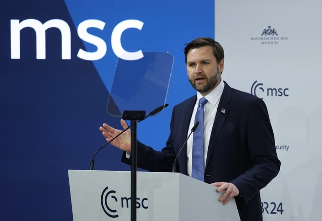 U.S. Vice President J.D. Vance speaks at the 61st Munich Security Conference on February 14, 2025 in Munich, Germany.