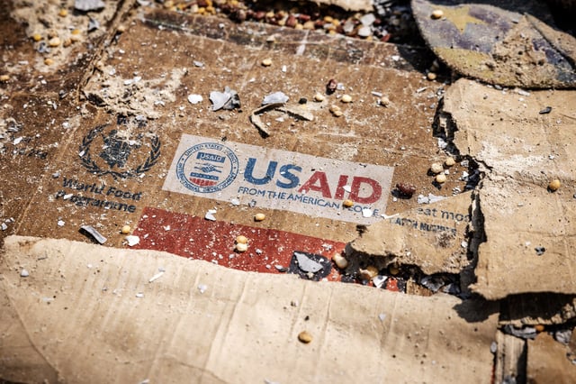 A USAID logo on a box at a warehouse following looting in Bukavu, Democratic Republic of Congo.