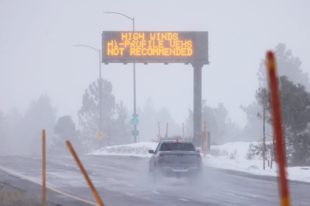 A road sign warns of high winds.