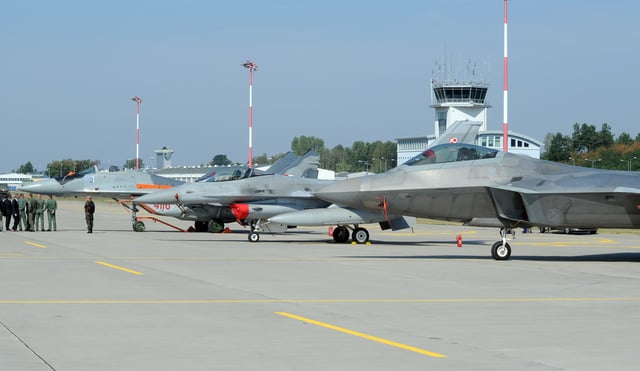 Polish fighter jets parked at a military base in Lask, Poland on August 31, 2015.