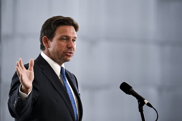 Florida Governor Ron DeSantis speaks during a news conference at Chase Stadium in Fort Lauderdale, Florida, on August 8, 2024.