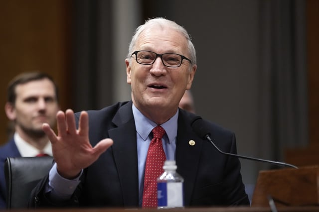 FILE - Sen. Kevin Cramer, R-N.D., introduces South Dakota Gov. Kristi Noem, President-elect Donald Trump's nominee to be Secretary of Homeland Security, appearing before the Senate Homeland Security and Governmental Affairs Committee for her confirmation hearing, at the Capitol in Washington, Friday, Jan. 17, 2025. (AP Photo/Ben Curtis, File)
