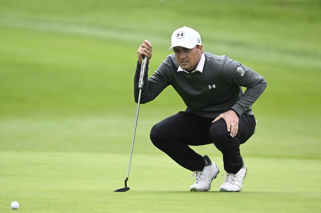 Feb 13, 2025; San Diego, California, USA;  Jordan Spieth  lines up a putt on the first hole during the first round of The Genesis Invitational golf tournament at Torrey Pines. Mandatory Credit: Denis Poroy-Imagn Images/File Photo