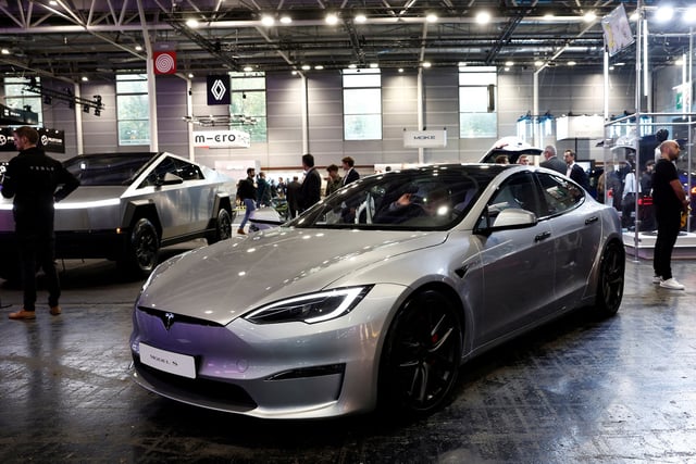 A Tesla Model S electric car is displayed on media day at the 2024 Paris Auto Show in Paris, France, October 14, 2024. REUTERS/Benoit Tessier/File Photo