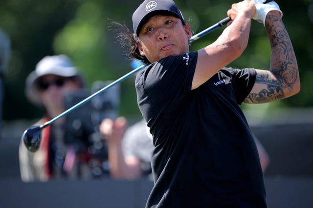 Jun 7, 2024; Houston, Texas, USA; Anthony Kim hits a tee shot on the first hole during the first round of the LIV Golf Houston golf tournament at Golf Club of Houston. Mandatory Credit: Erik Williams-USA TODAY Sports/File Photo