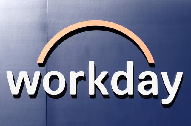The logo of Worday is seen at the entrance of the company's temporary stand ahead of the World Economic Forum (WEF) in Davos, Switzerland January 18, 2025. REUTERS/Yves Herman/File photo