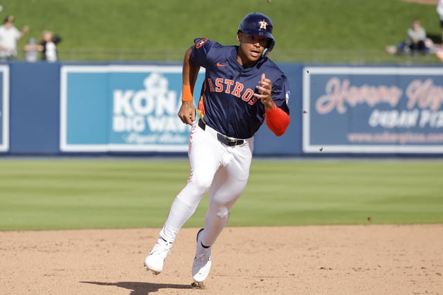 Feb 22, 2025; West Palm Beach, Florida, USA; Houston Astros infielder Cam Smith rounds second base in the ninth inning against the Washington Nationals at CACTI Park of the Palm Beaches. Mandatory Credit: Reinhold Matay-Imagn Images/File Photo