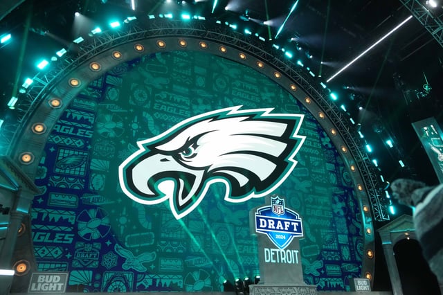 A Philadelphia Eagles logo during the 2024 NFL Draft at Campus Martius Park and Hart Plaza.