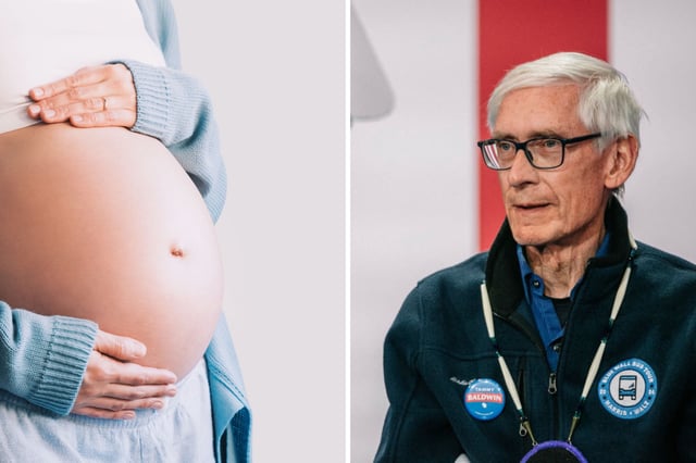 Stock image of a pregnant woman with her hands on her belly. Wisconsin Governor Tony Evers attends a rally to kick off Democratic vice presidential nominee, Minnesota Gov. Tim Walz&#39;s &#34;Driving Forward&#34; Blue Wall Bus Tour at the KI convention center on October 14, 2024, in Green Bay, Wisconsin.
