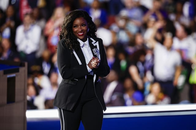 Representative Jasmine Crockett is seen appearing onstage during the first day of the Democratic National Convention at the United Center on August 19, 2024, in Chicago, Illinois. (Photo by Kevin Dietsch/Getty Images)
