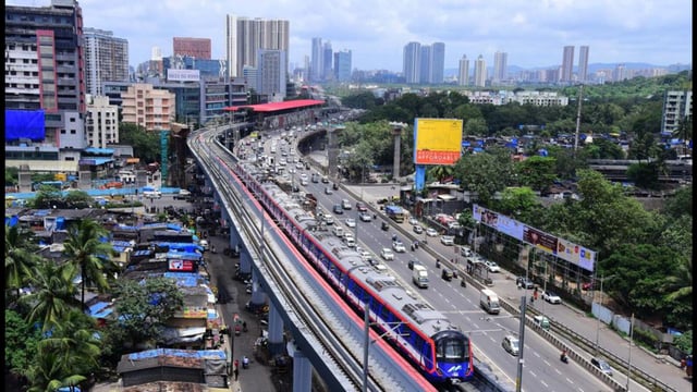 Mumbai, India - September 05, 2022: An aerial view of Metro train running slow during its dynamic testing on Metro Line-7 (Red Line) Phase-2 between Aarey Station and Andheri (East) Station on Western Express Highway, Jogeshwari, in Mumbai, India, on Monday, September 05, 2022. (Photo by Vijay Bate/HT Photo) (HT PHOTO)