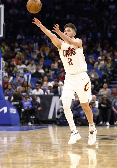 Feb 25, 2025; Orlando, Florida, USA; Cleveland Cavaliers guard Ty Jerome (2) throws a lob pass in the second half against the Orlando Magic at Kia Center. Mandatory Credit: Russell Lansford-Imagn Images